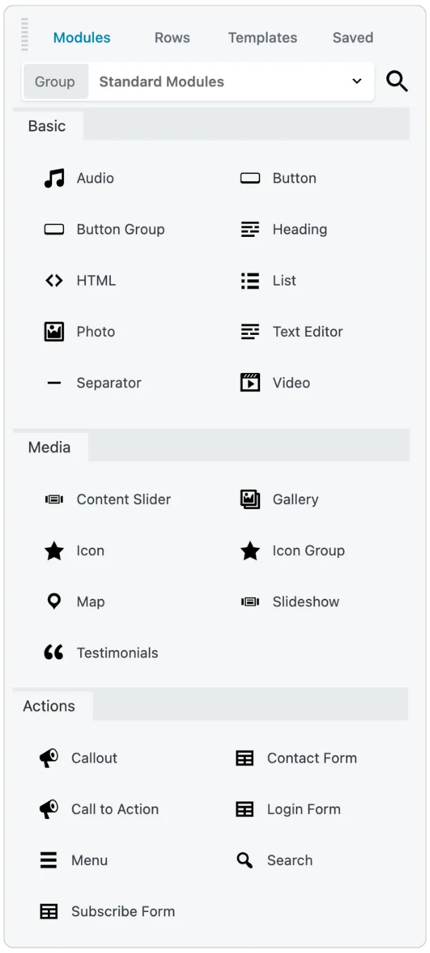 Beaver Builder modules panel showing drag-and-drop elements including audio, button, photo, and other page building options.