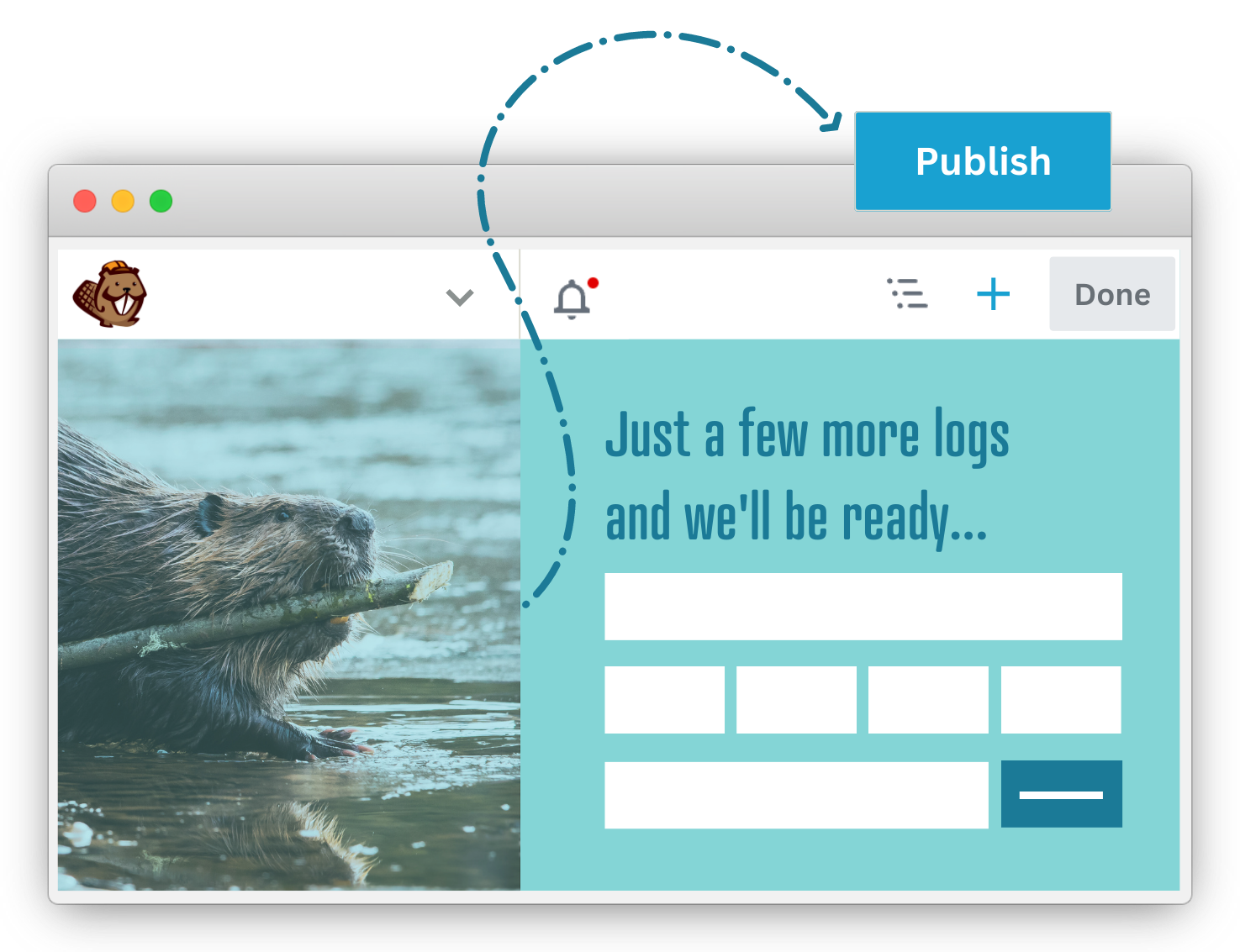 Beaver Builder editor showing the Publish button on a live page preview with the Done button visible in the toolbar.