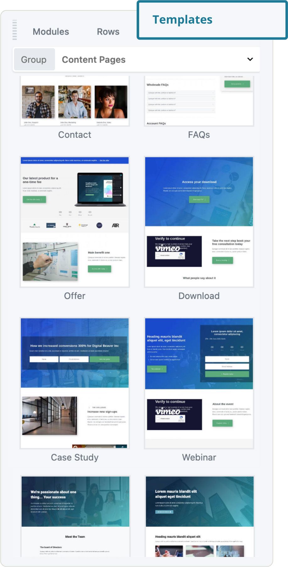 Beaver Builder templates panel showing content page layouts including case study, webinar, and other page types.