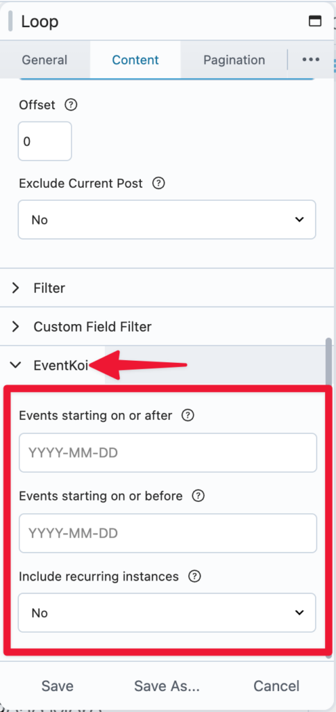 eventkoi settings in the loop module