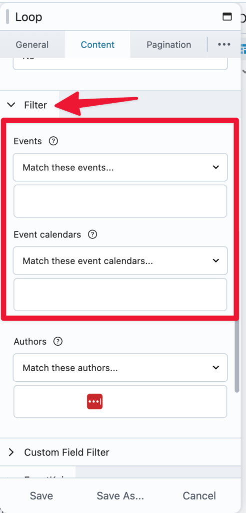 loop module filter select specific events or calendars to display