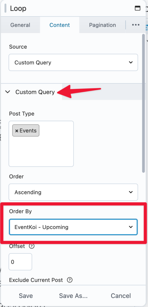 set custom query to order by eventkoi