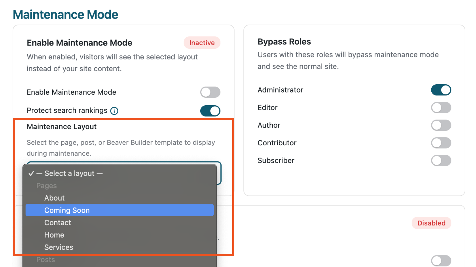 Beaver Builder Maintenance Mode - Select Maintenance Layout