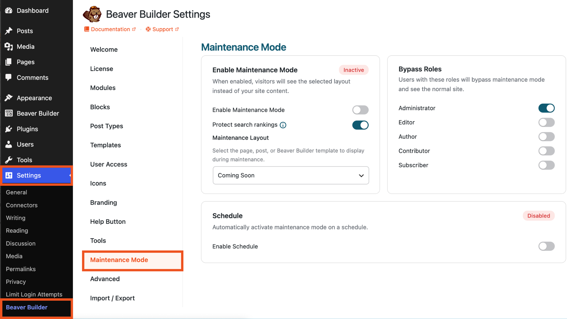 Beaver Builder maintenance mode