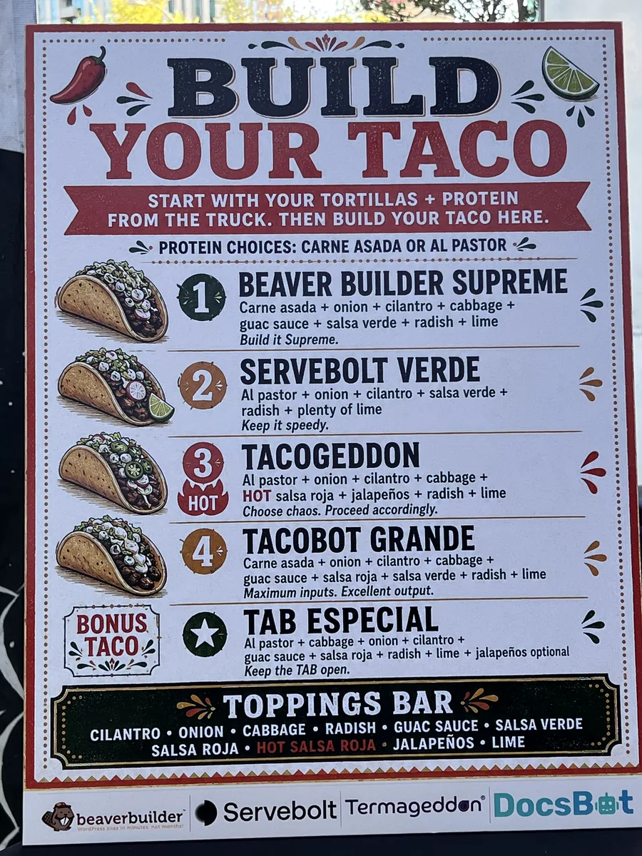 A Build Your Taco menu featuring combinations named for Beaver Builder and the after-party co-hosts.