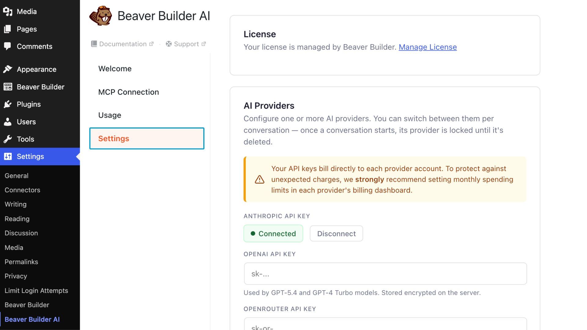 Beaver Builder AI built-in chat settings panel