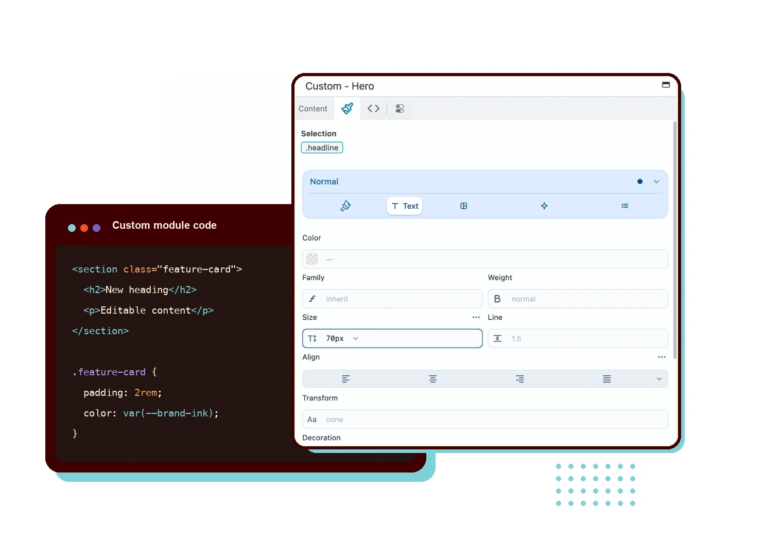 Beaver Builder AI custom module code beside editable visual styling controls.
