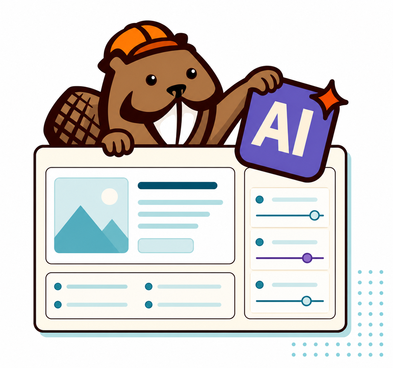 Illustration of the Beaver Builder mascot placing the Action Corner AI tile into a modular page-building surface.