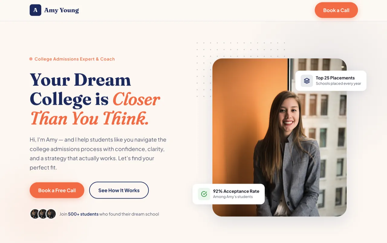Amy Young admissions coach design built with Beaver Builder AI