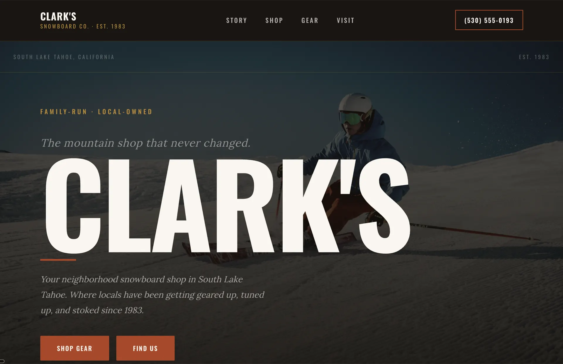 Clark's Snowboard Co. snowboard retail design built with Beaver Builder AI