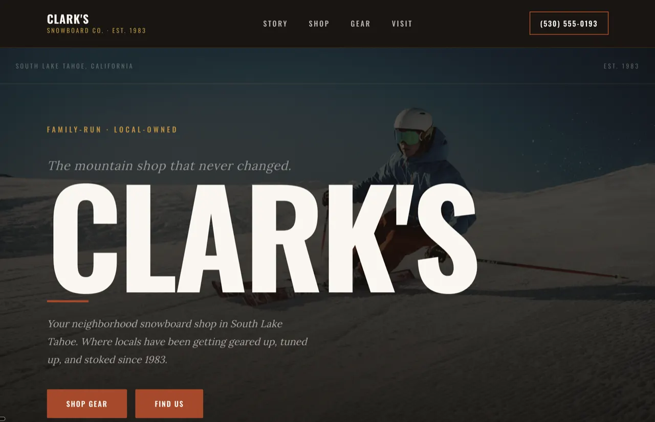 Clark's Snowboard Co. snowboard retail design built with Beaver Builder AI