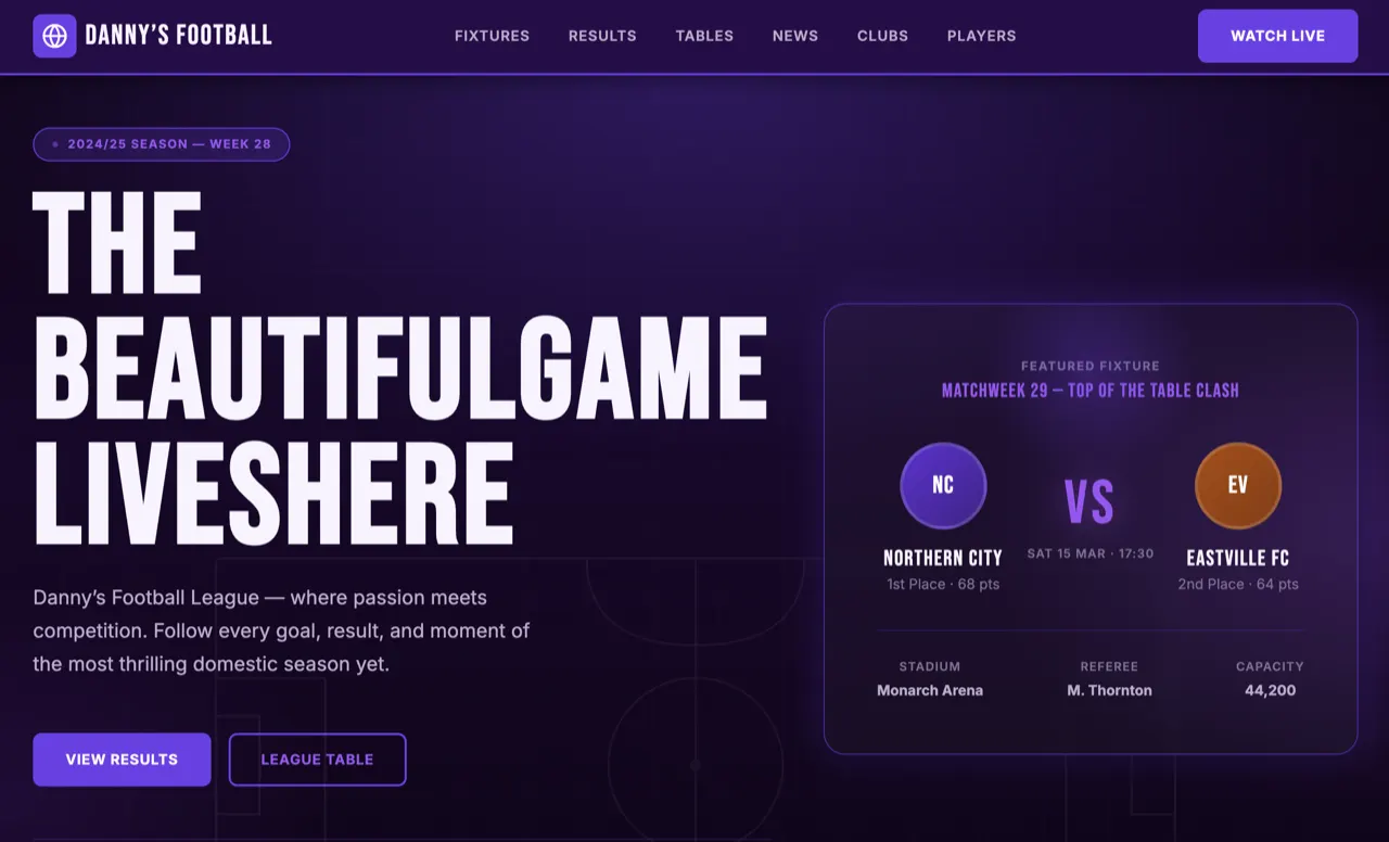 Danny's Football League sports league design built with Beaver Builder AI