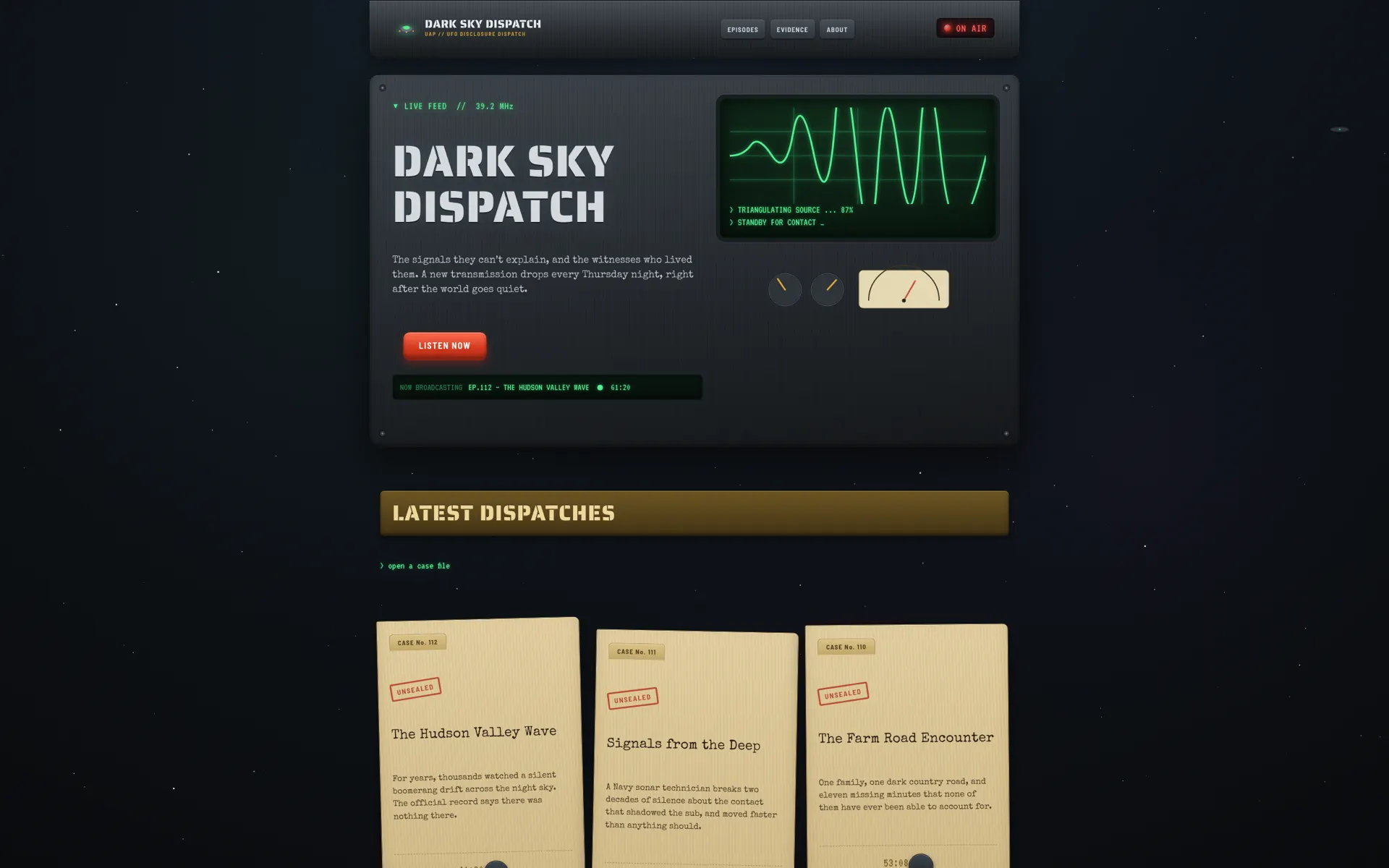 Dark Sky Dispatch podcast design built with Beaver Builder AI