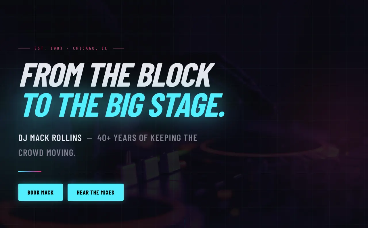 DJ Mack Rollins dj & events design built with Beaver Builder AI