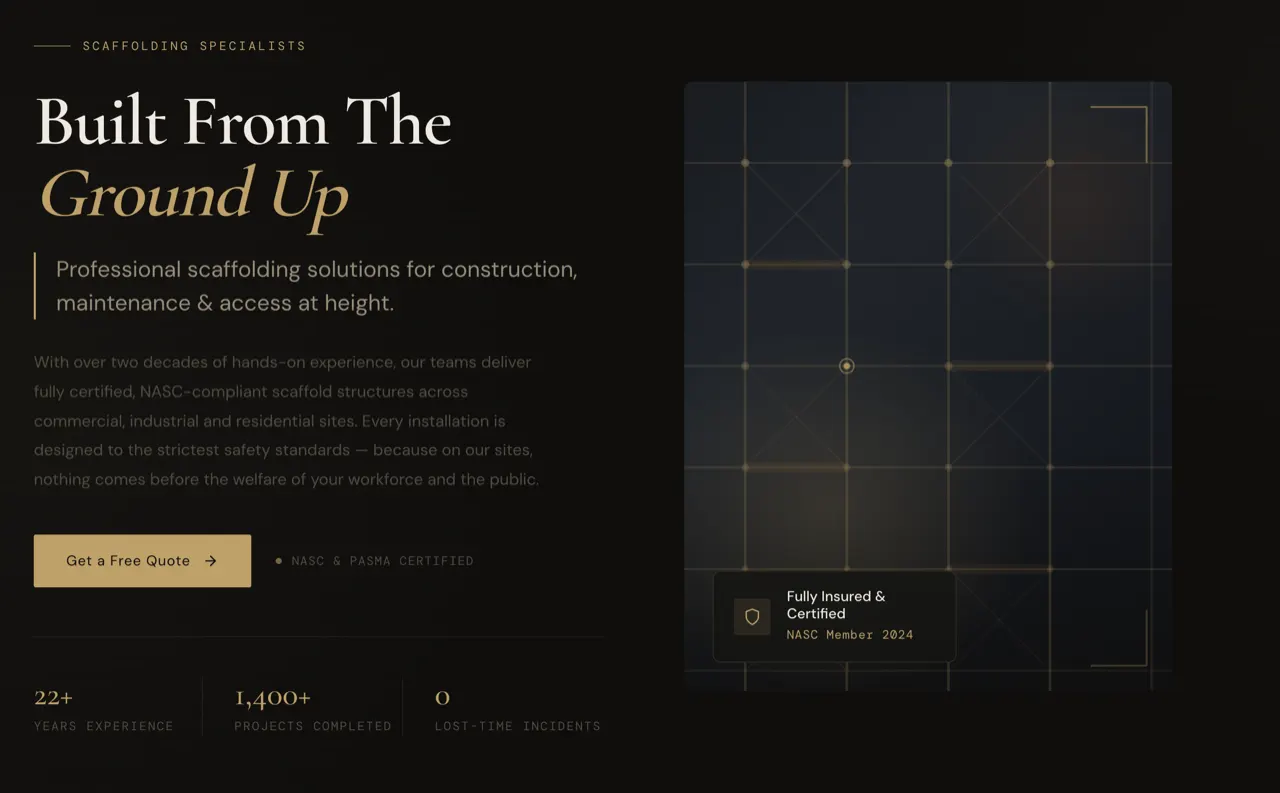 Built From the Ground Up scaffolding design built with Beaver Builder AI