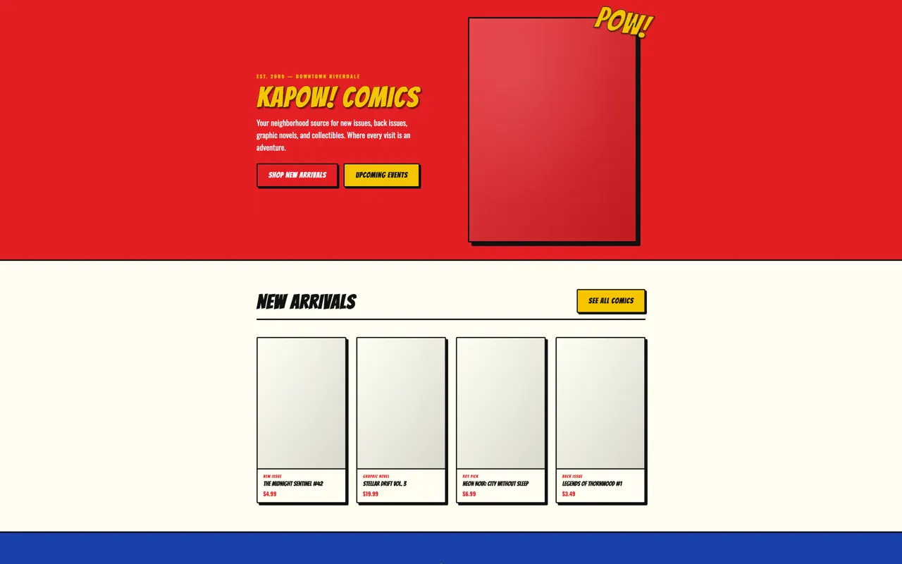 Kapow! Comics comic shop design built with Beaver Builder AI