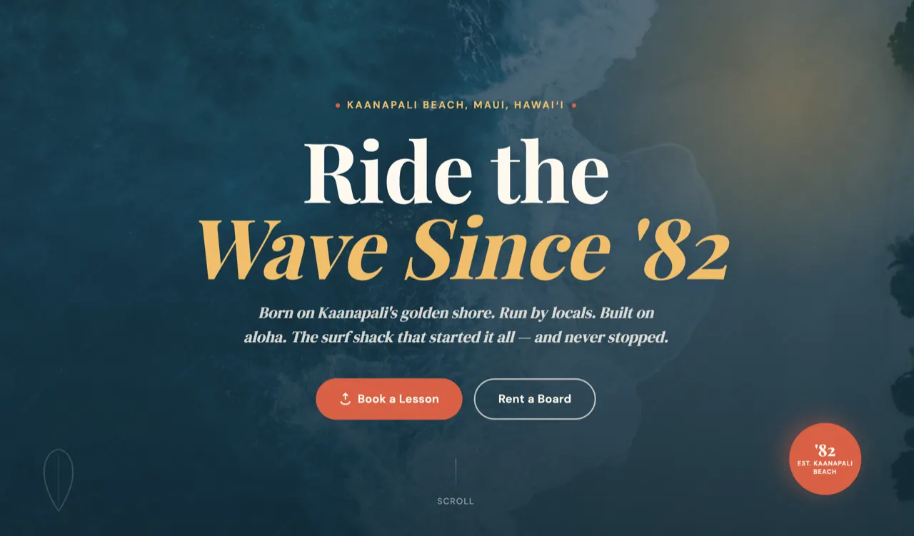 Kaanapali Surf Shack surf school design built with Beaver Builder AI
