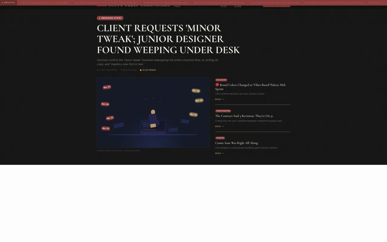 Scope Creep Chronicles satire design built with Beaver Builder AI