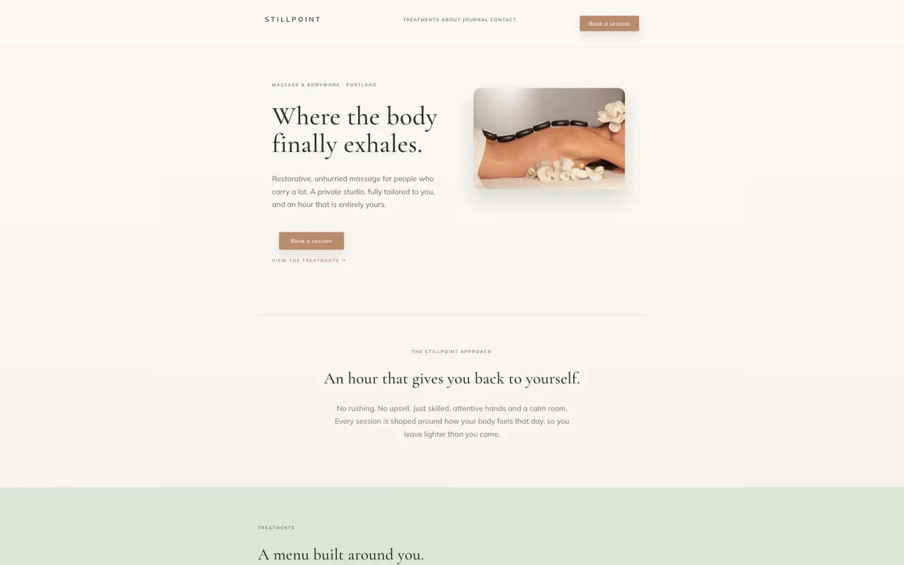 Stillpoint massage studio design built with Beaver Builder AI