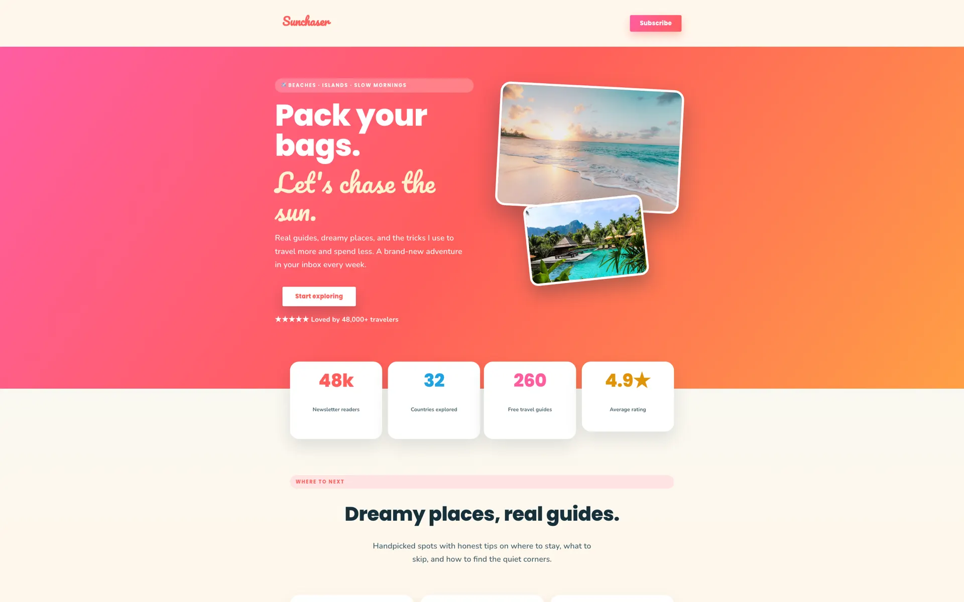 Sunchaser travel guides design built with Beaver Builder AI