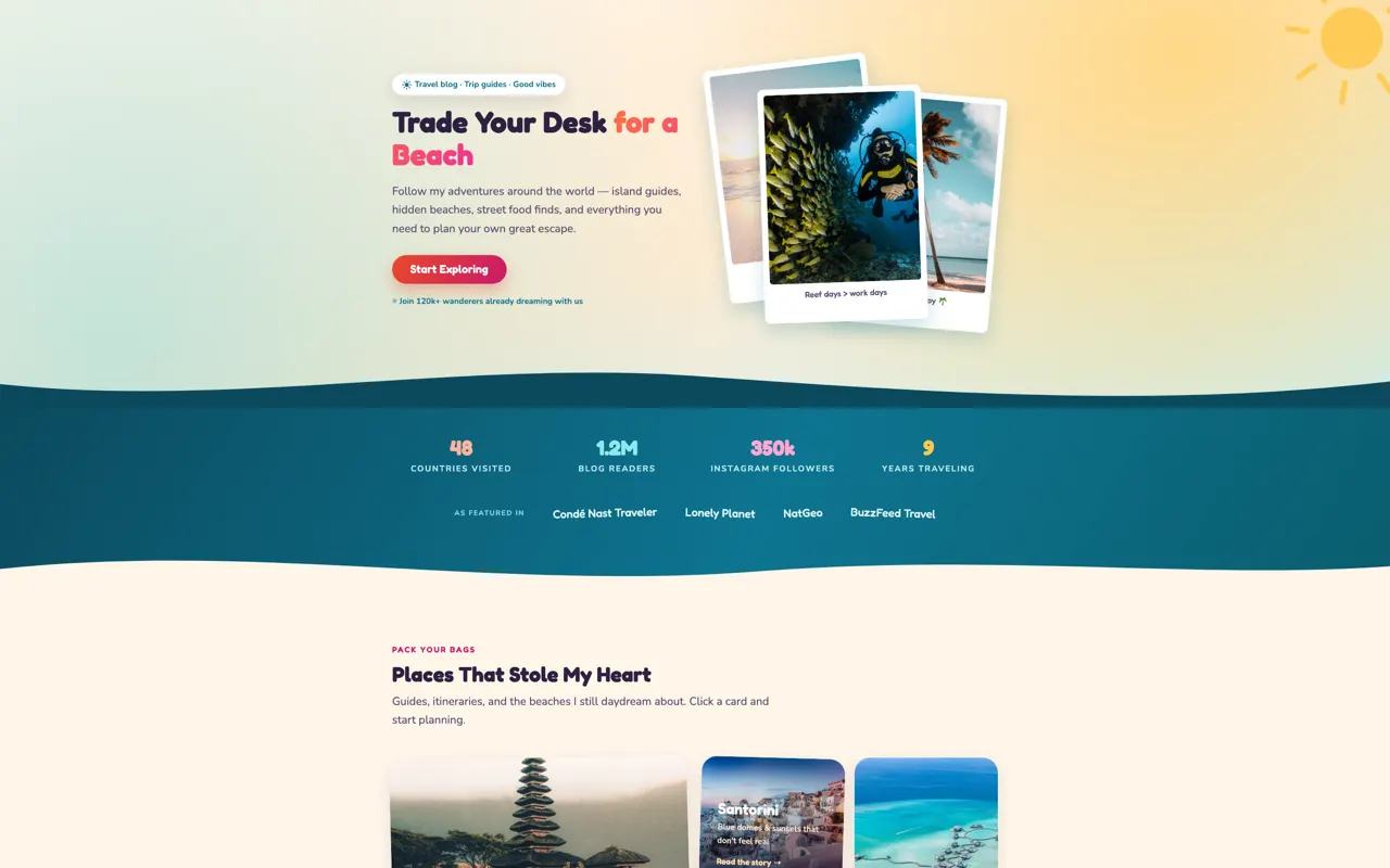 Places That Stole My Heart travel blog design built with Beaver Builder AI