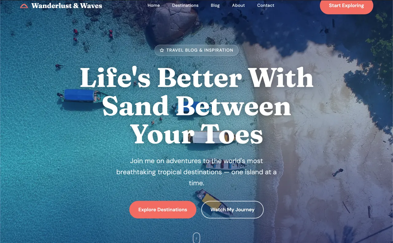Wanderlust & Waves travel blog design built with Beaver Builder AI