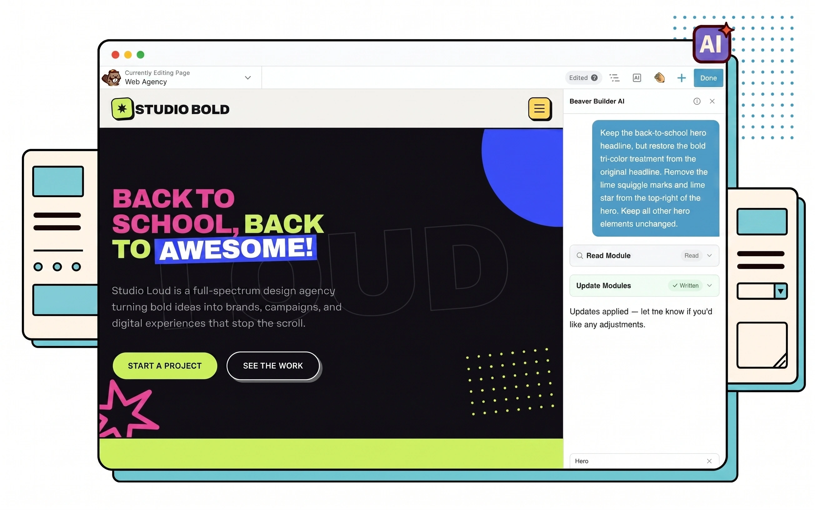 Beaver Builder AI completing a back-to-school hero update on the Studio Bold sample page.