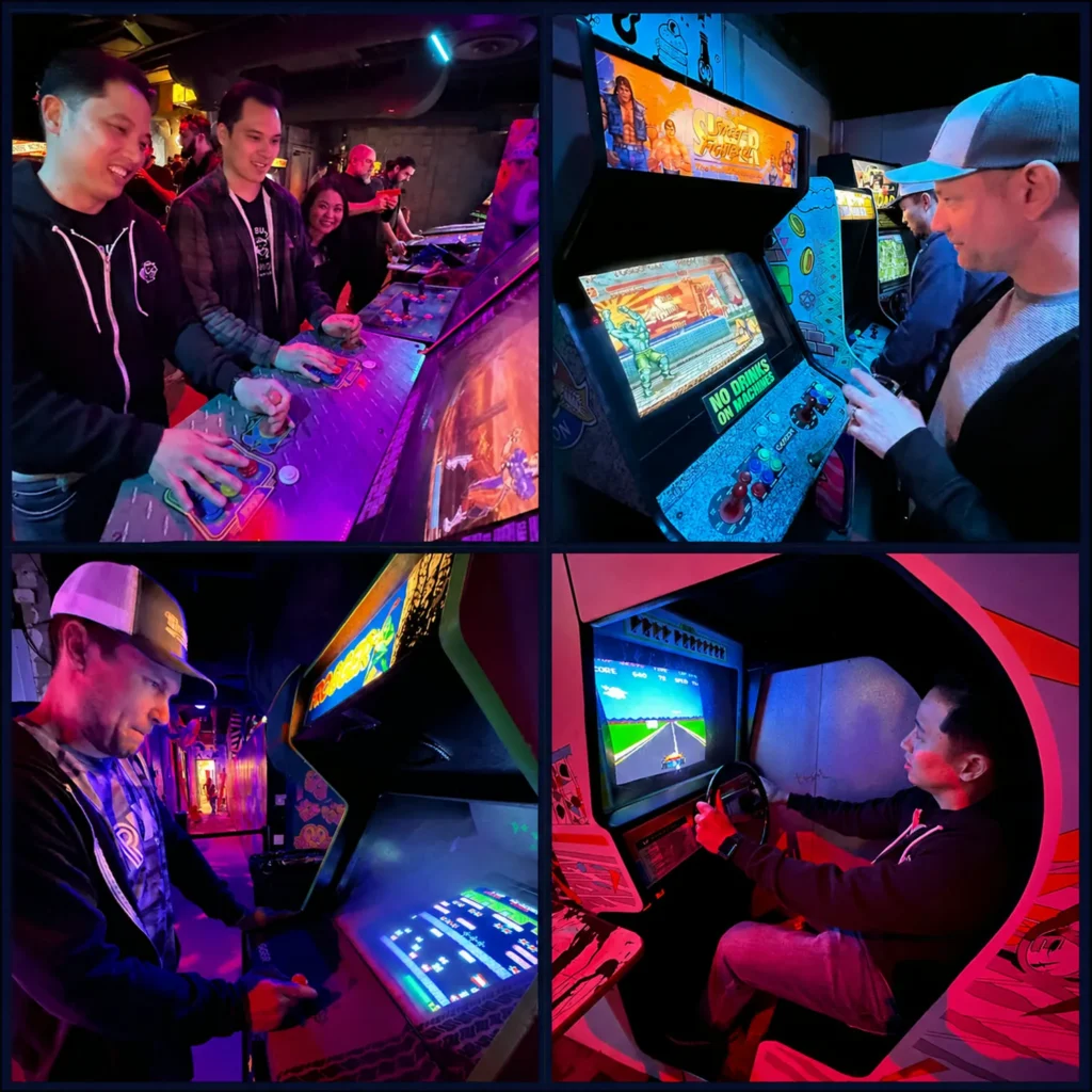 Four photos of friends playing arcade games at Cobra Arcade Bar.