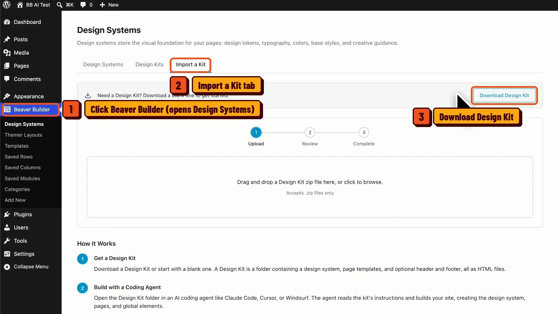 Beaver Builder Import a Kit tab with the Download Design Kit button highlighted
