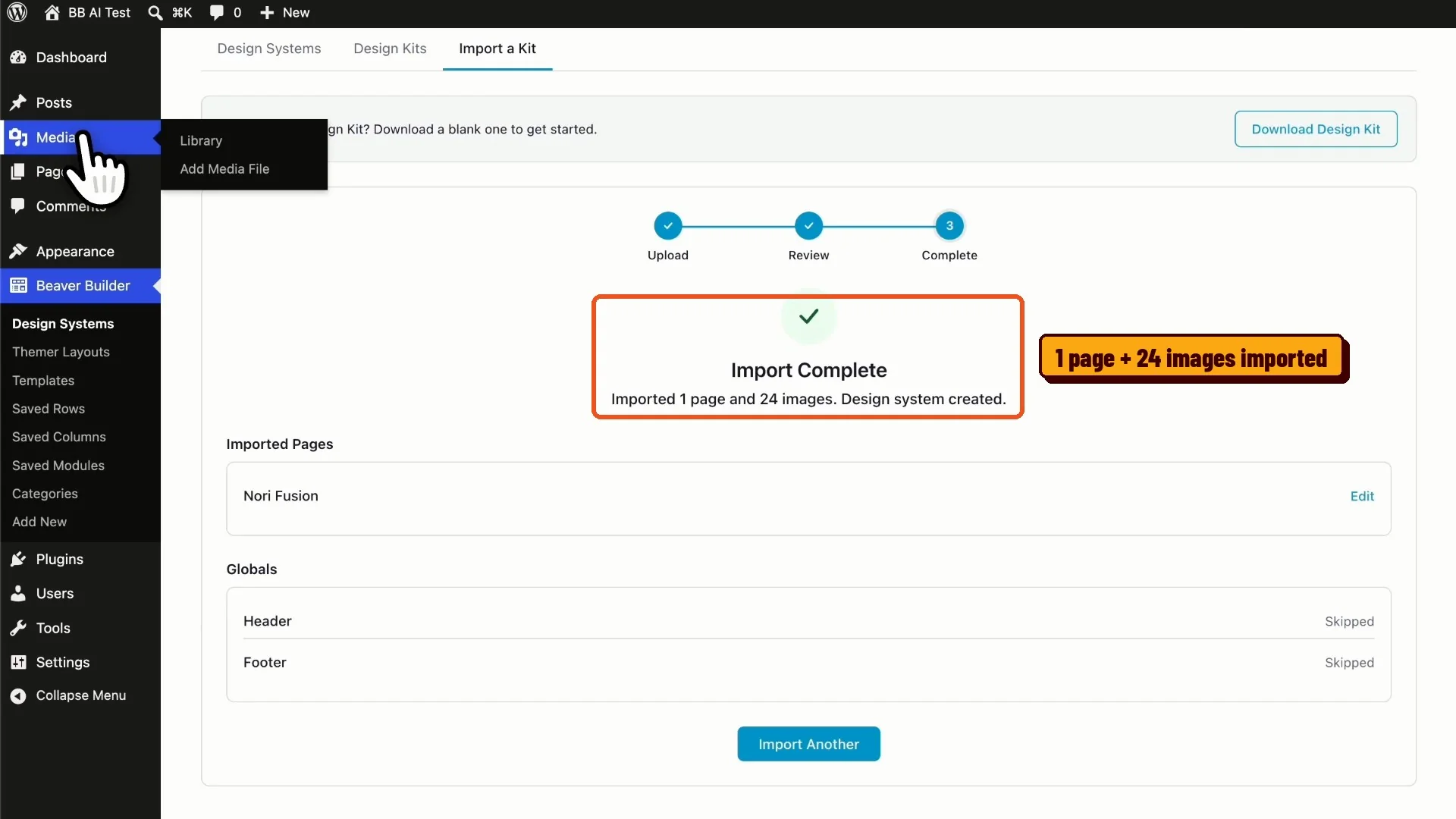 Design Kit import complete showing one page and 24 images imported