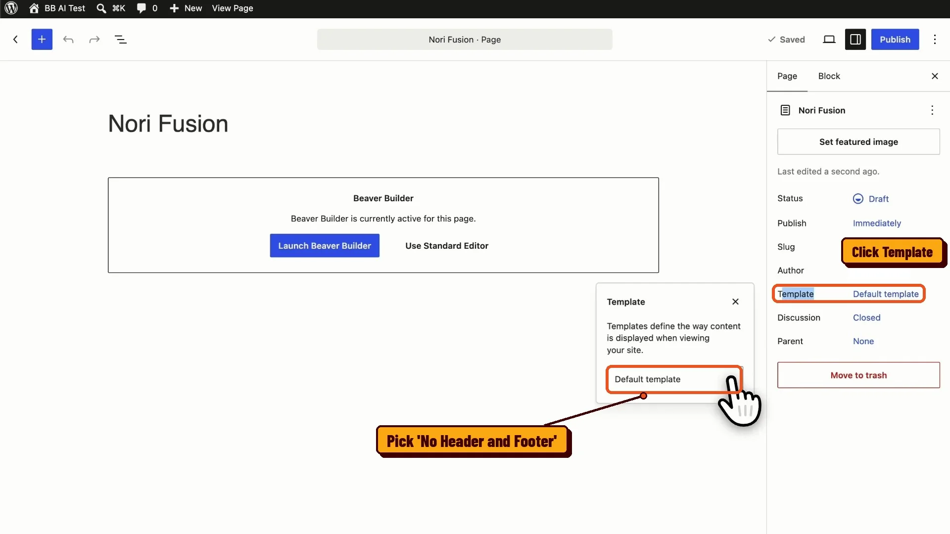 Switching the page template to No Header and Footer in WordPress