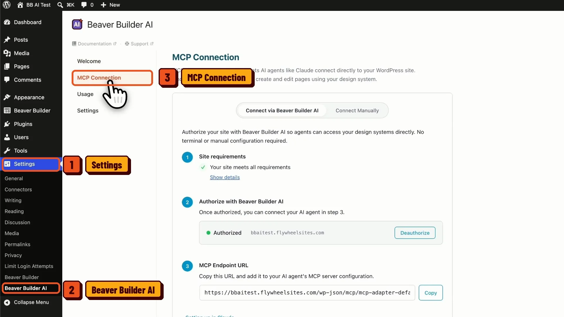 Beaver Builder AI MCP Connection settings in WordPress