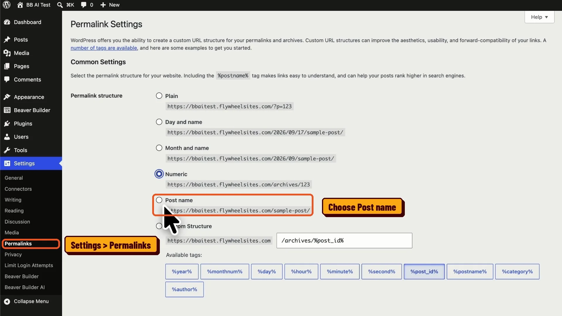 WordPress permalink settings set to Post name