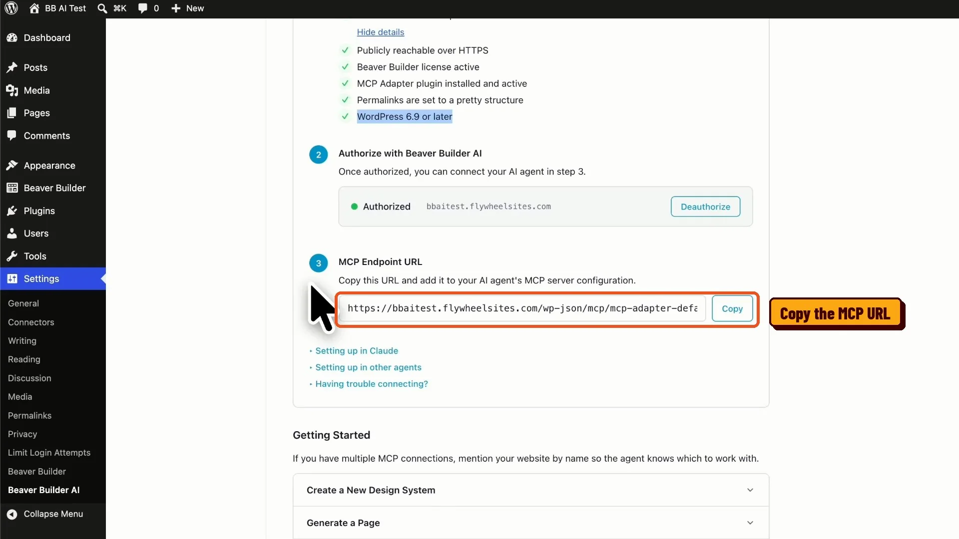 Copying the Beaver Builder AI MCP URL