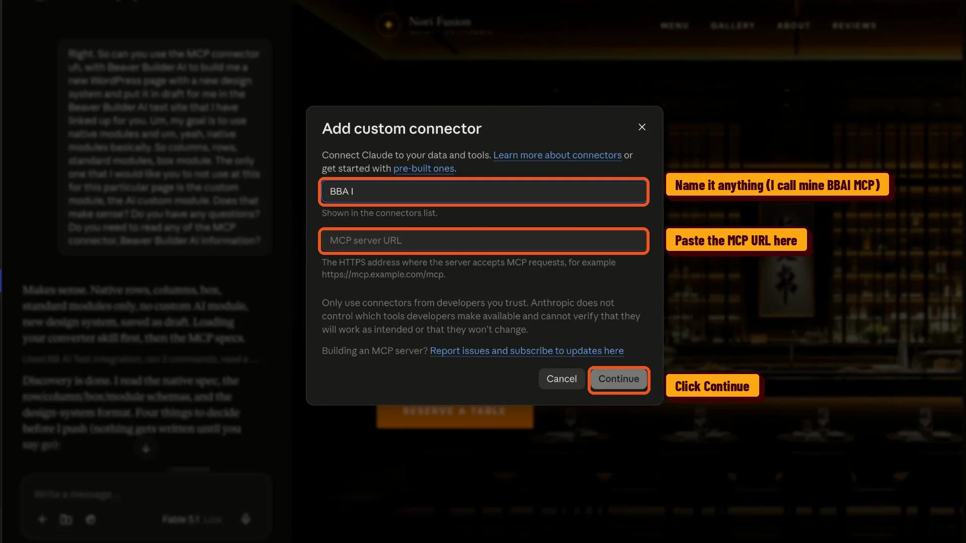 Adding the Beaver Builder AI MCP connector in Claude