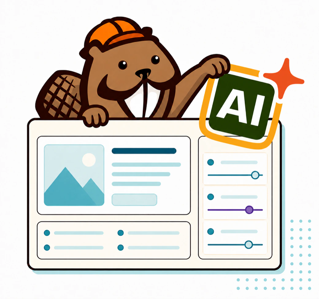 Illustration of the Beaver Builder mascot holding the Action Corner AI icon over a modular page-building surface.