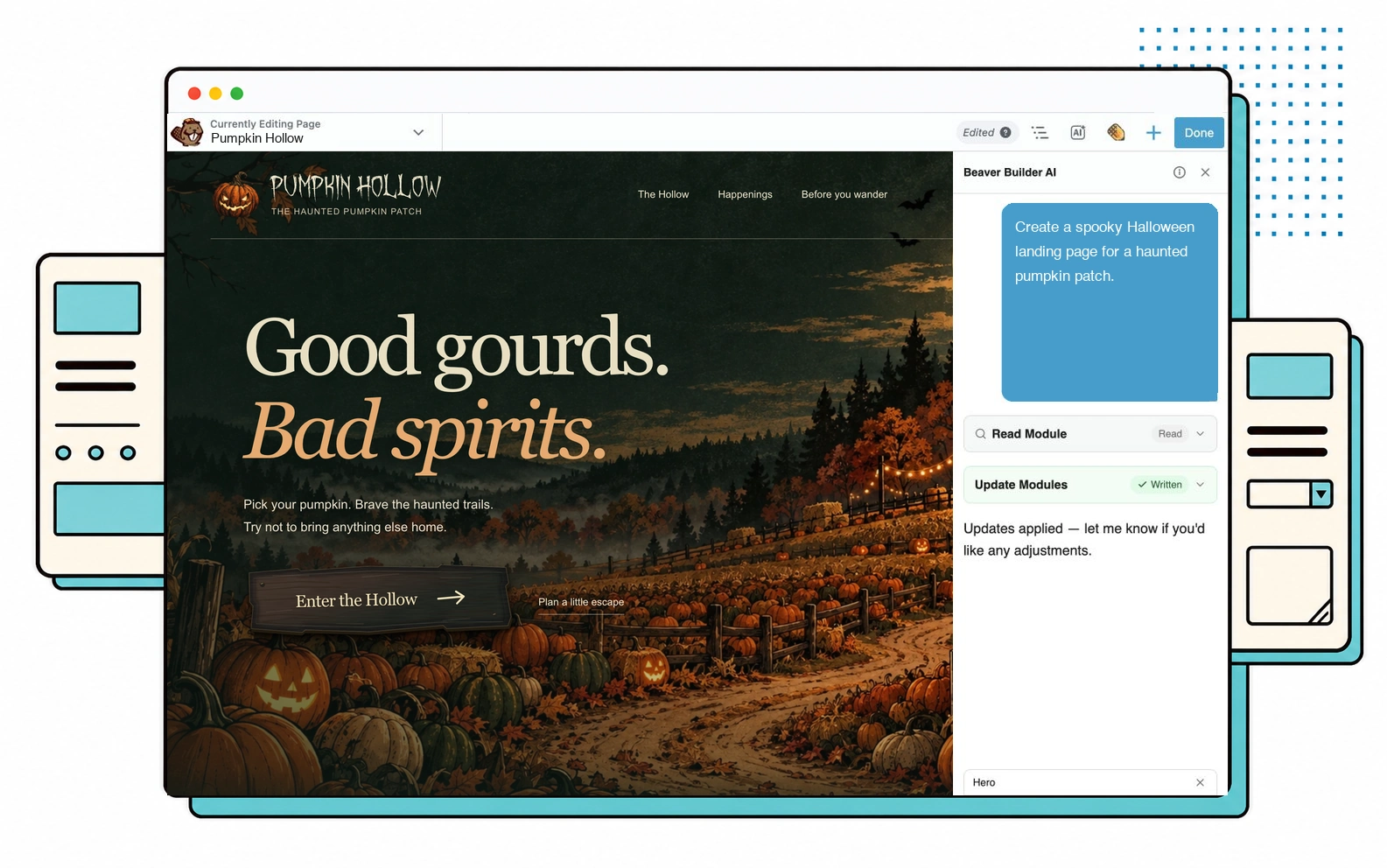 Beaver Builder AI creating the Pumpkin Hollow haunted pumpkin patch landing page.