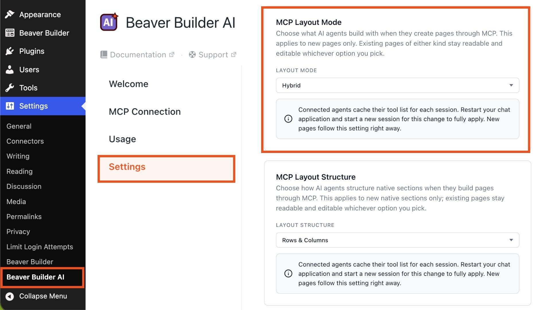 Beaver Builder AI MCP Layout Mode Settings panel