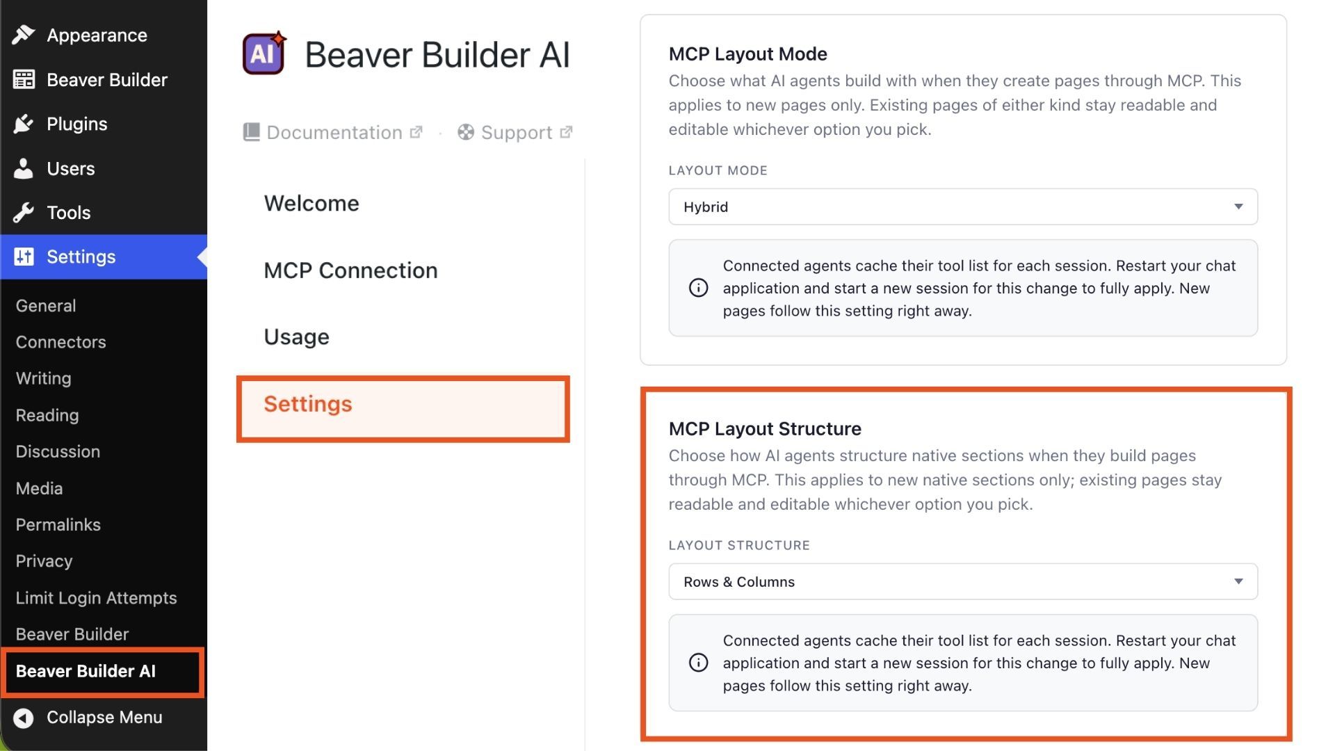 Beaver Builder AI MCP Layout Structure Settings panel