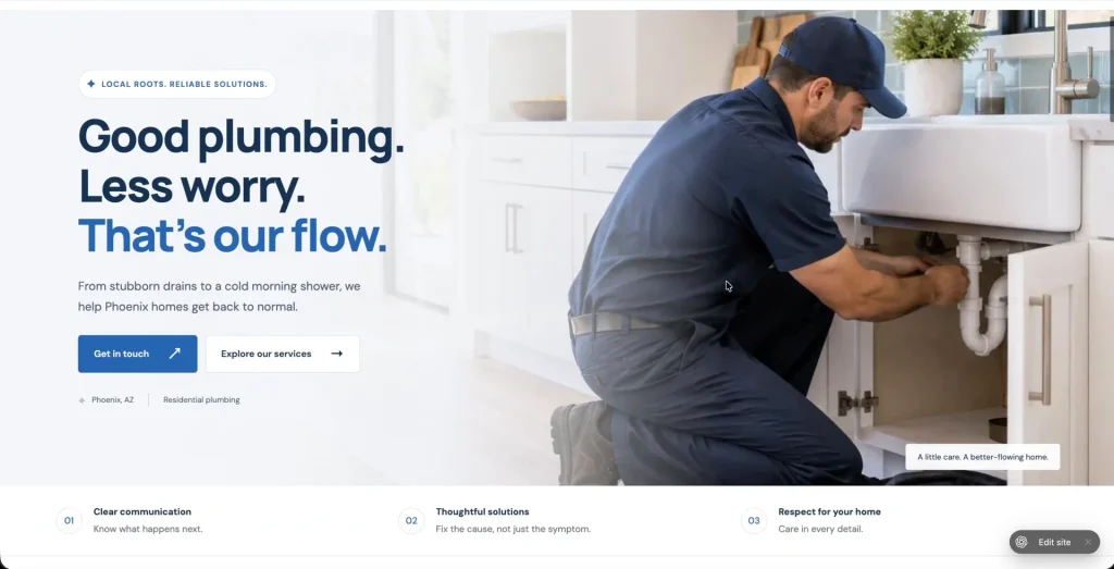 Plumbing company website design built in ChatGPT before converting it to WordPress