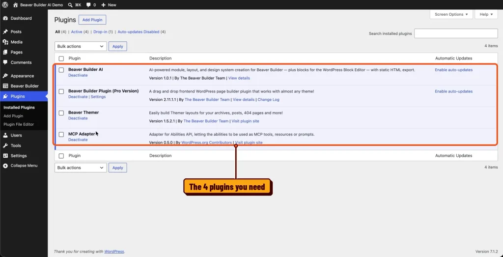 Beaver Builder AI, Beaver Builder, Beaver Themer, and MCP Adapter plugins installed in WordPress