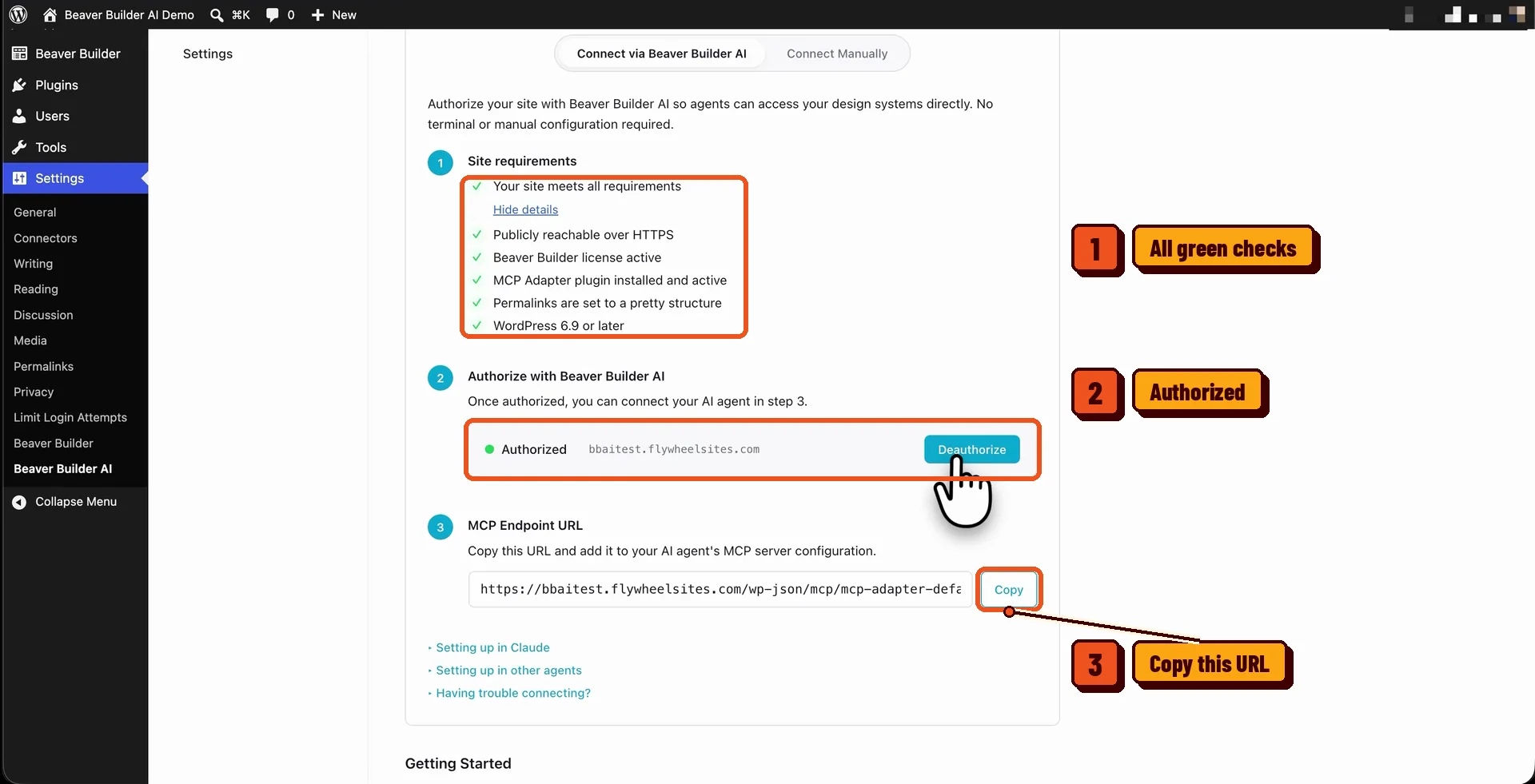 Beaver Builder AI MCP connection screen with site requirements, authorization, and the Copy button