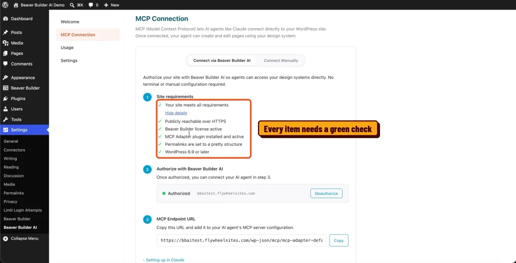 Beaver Builder AI site requirements checklist with every item checked