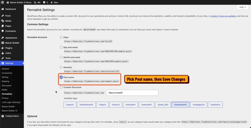 WordPress permalink settings set to Post name