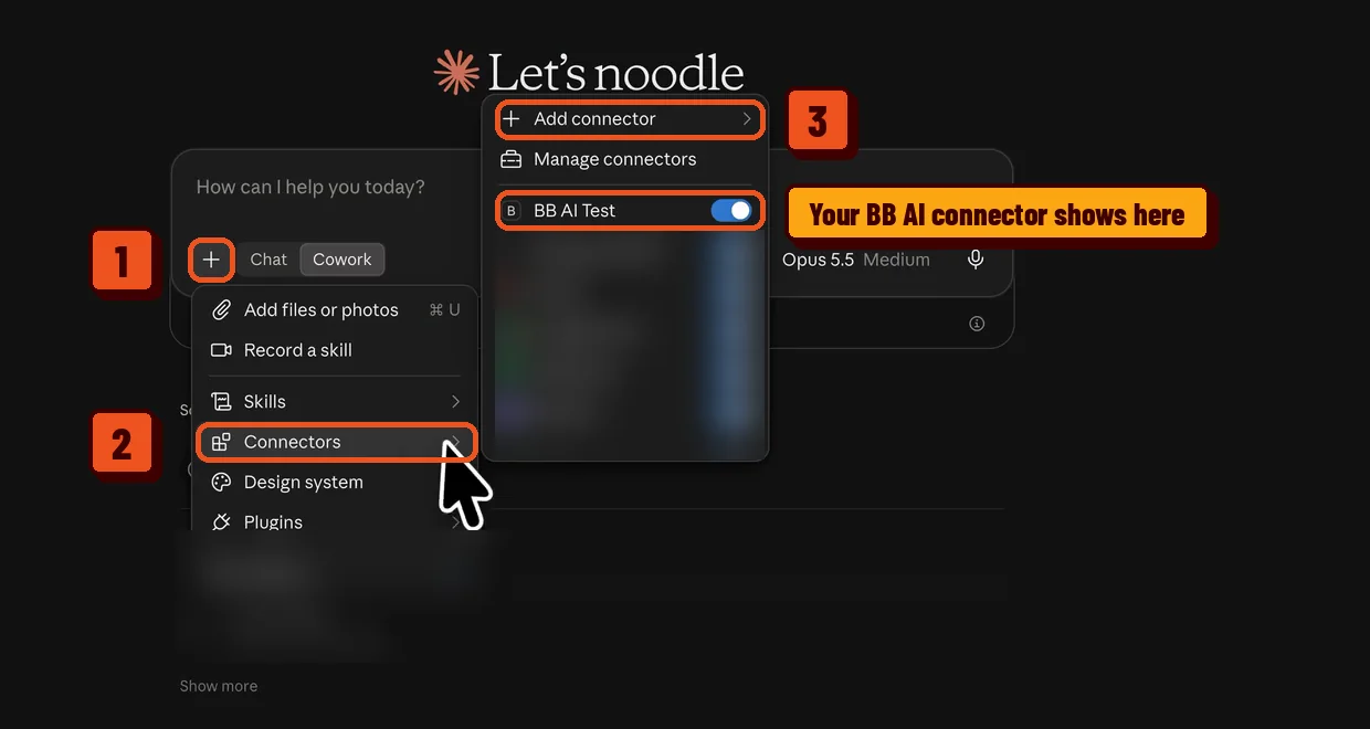 Claude Desktop connectors menu with Add connector highlighted
