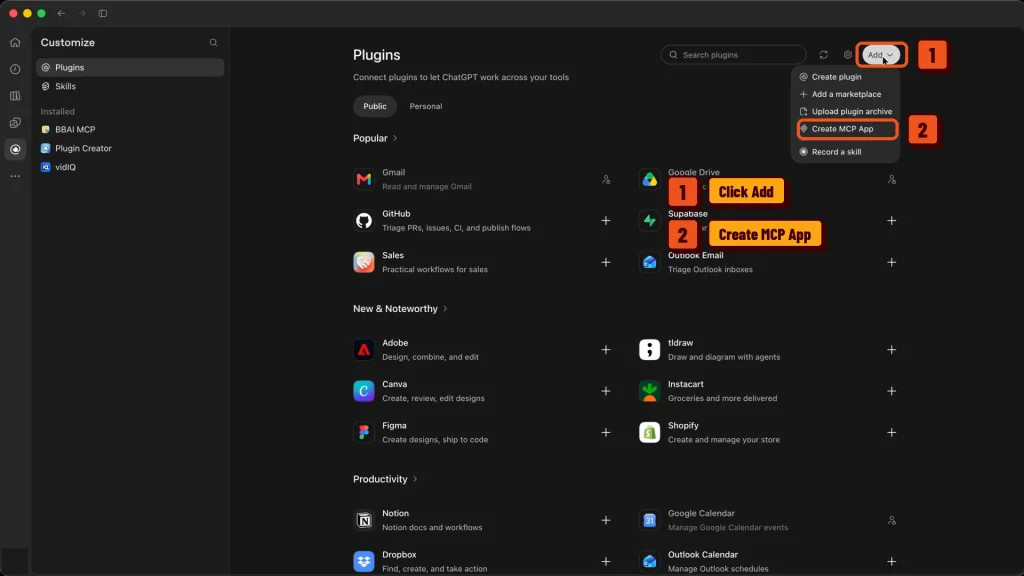 Create MCP App option in the ChatGPT Plugins menu