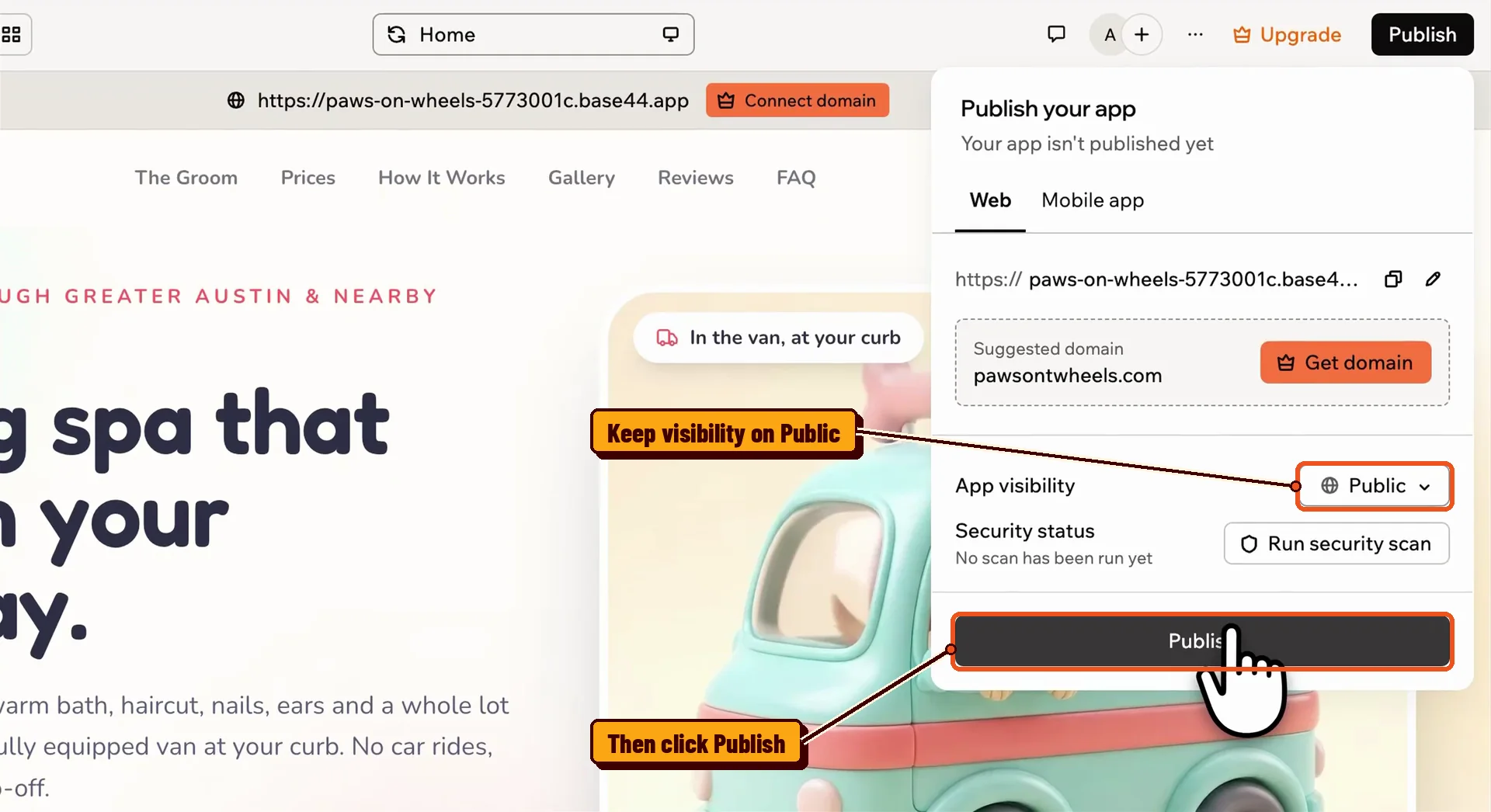 Base44 Publish your app panel with App visibility set to Public