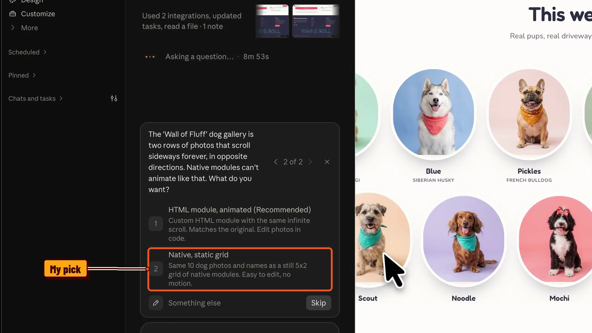 Claude asking whether to rebuild a scrolling dog gallery as an HTML module or a native grid
