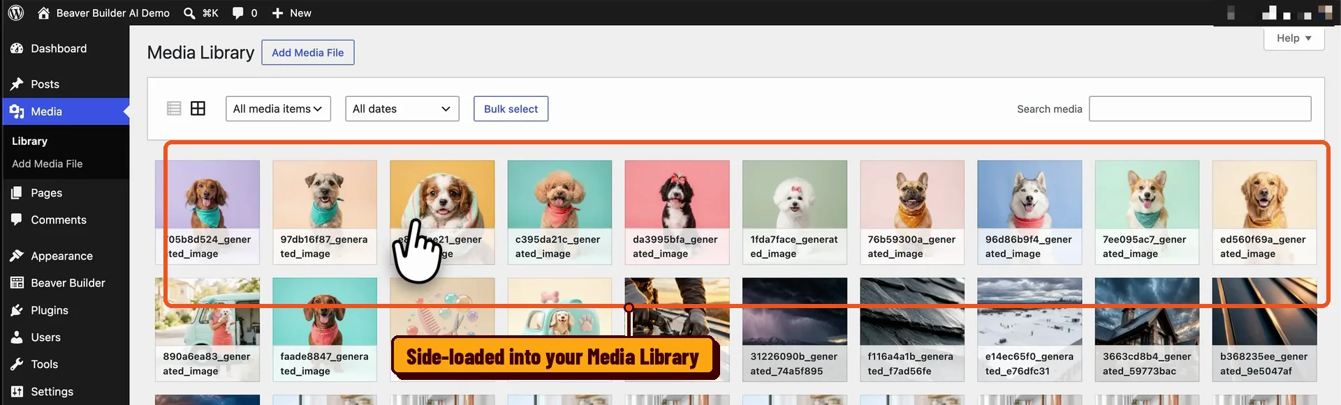 Photos from a Base44 design uploaded to the WordPress Media Library