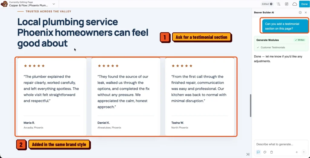 Testimonial section added by Beaver Builder AI in the same style as the ChatGPT design